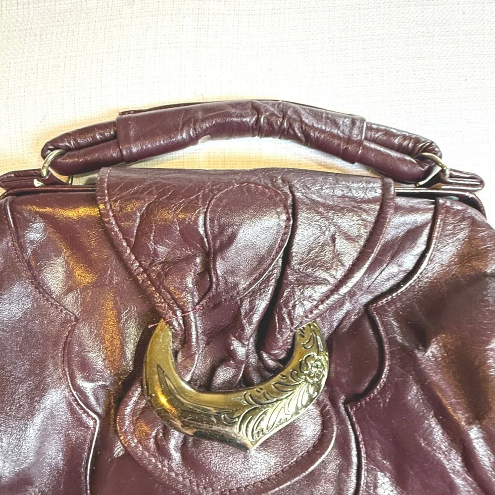Vintage Burgundy Leather Handbag Top Handle Purse Gold‎ Tone Clasp